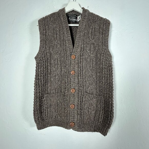 Vintage Norm Thompson Womens Wool Cable Knit Button Front Vest 38 Brown Pockets - Picture 1 of 8